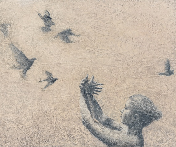 oil painting, lace, birds, birds in flight, texture, monochromatic, woman, oil painting of a female figure girl with birds on a lace textured background by susan hall