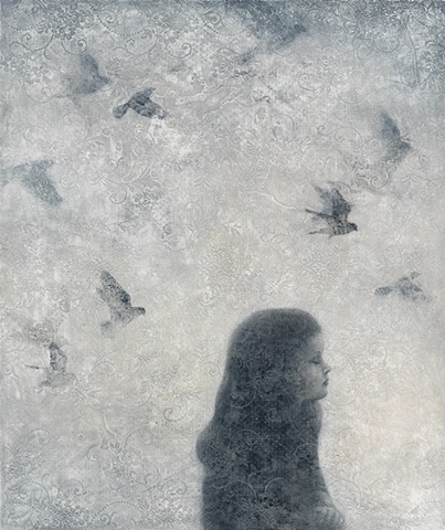 oil painting, lace, birds, birds in flight, texture, monochromatic, oil painting of a female figure girl with birds on a lace textured background by susan hall