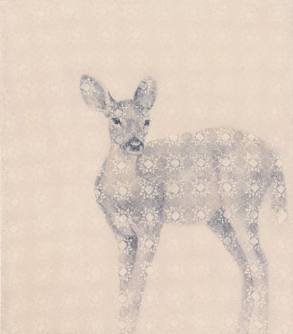 oil painting of a deer on a crochet textured background, ivory