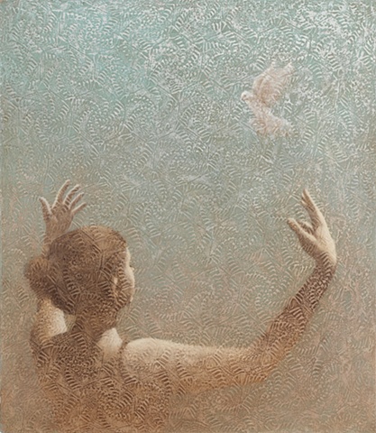 oil painting, lace, birds, birds in flight, texture, monochromatic, woman, oil painting of a female figure and bird on a crochet lace textured background by susan hall