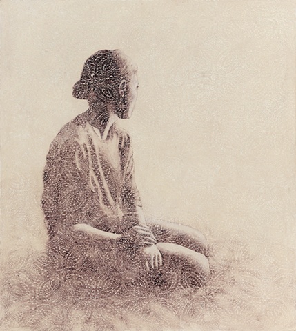 oil painting of a female figure on a crochet lace background by susan hall