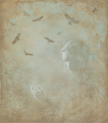 hawks, birds, woman, girl, sky, flight, blue, green, brown, oil painting, lace