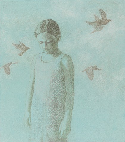 oil painting of girl and birds with lace by susan hall