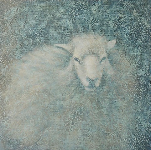 oil painting of lamb sheep on lace textured background by susan hall