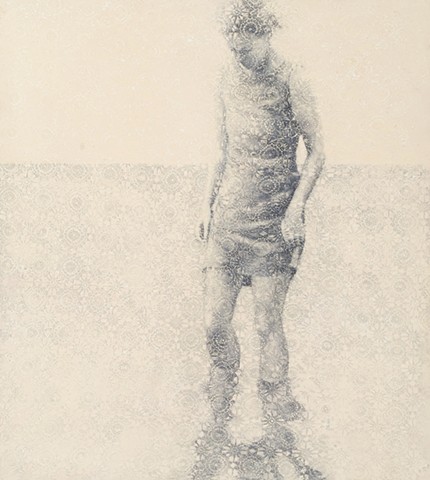 oil painting of a female figure in water on a lace background by susan hall