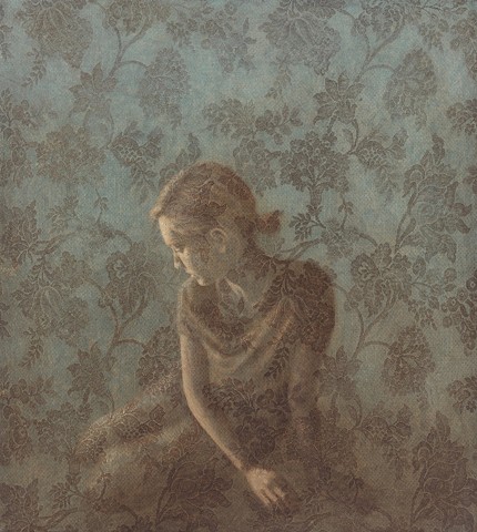 oil painting of female woman with lace by susan hall, pattern, floral