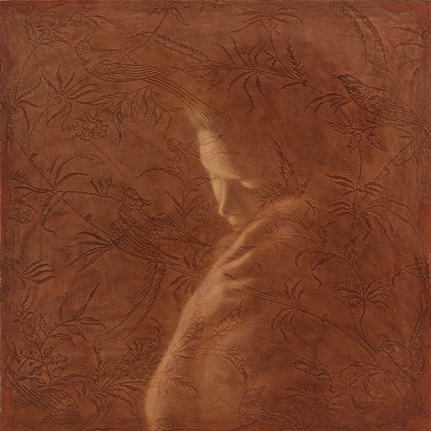 oil painting of a female figure with baby on a lace background by susan hall