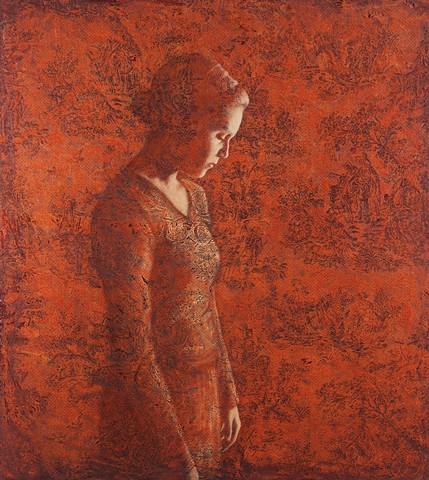 oil painting of a female figure on a toile lace background by susan hall
