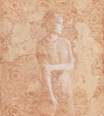 oil painting of a women figure on a lace textured background by susan hall
