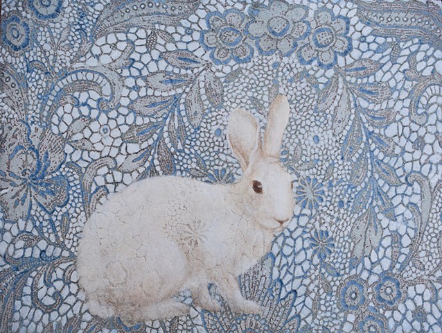 oil painting of rabbit on a lace background, blue, grey