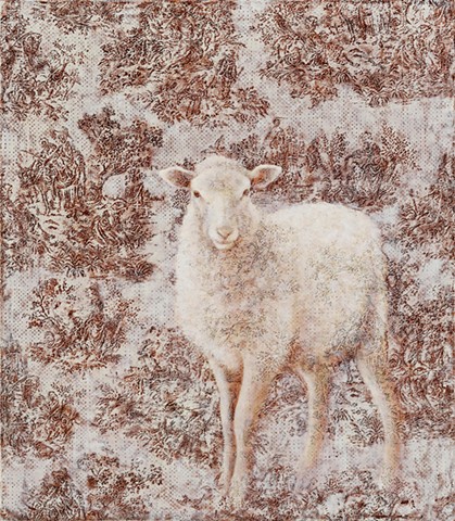 oil painting of a sheep on a toile background, white, dark red