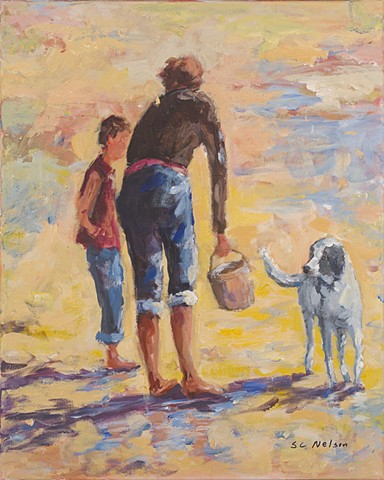 Beachscape, landscape, dogs, family, impressionism
