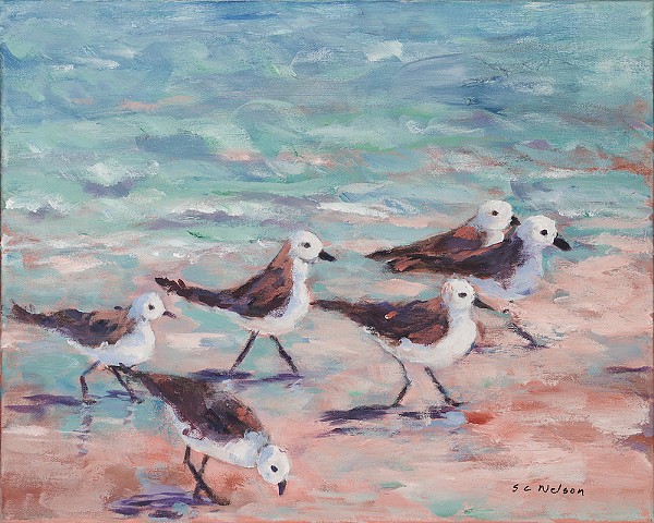Beachscape, birds, impressionism