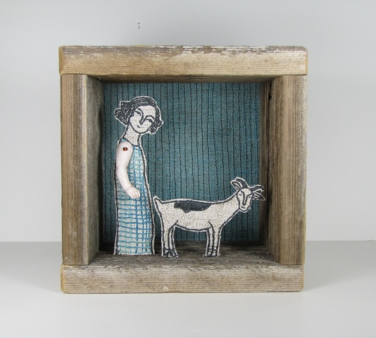 mixed media fiber art diorama embroidery antique reclaimed materials linen goats