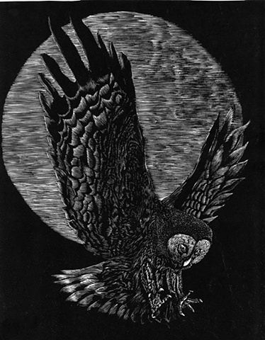 a relief engraving of an owl in flight at night under a full moon