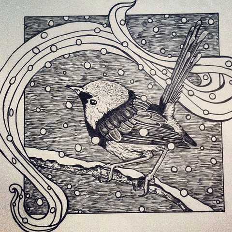 a pen and ink black and white drawing of a cute little bird in the snow twee indie emo banner hipster spofford press crosshatching
