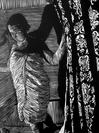 a linoleum cut linocut of a woman in a shower with damask shower curtains