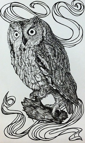 a pen and ink black and white drawing of a cute little owl with a banner twee indie emo banner hipster spofford press crosshatching