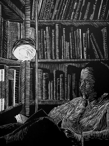 linoleum cut linocut of a woman in a library reading books