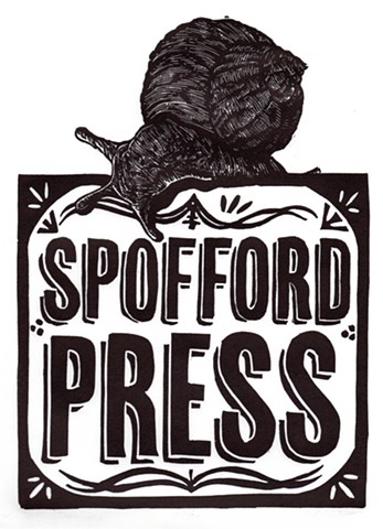 this is a wood engraving print linocut linoleum woodcut of a snail logo spofford press  in black and white printmaking 