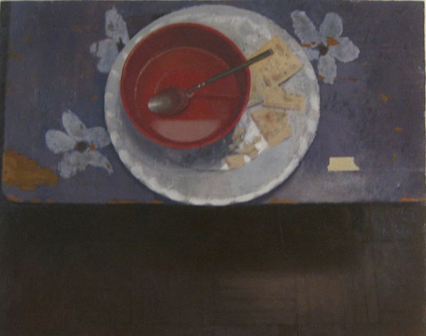 Red Bowl and Crackers on Purple Table