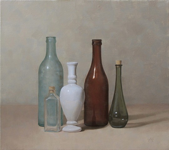 Classical Realist Painting, oil painting, still life of old bottles by Liza G. Amir