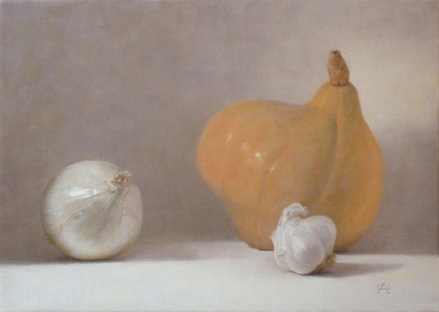 Classical Realist Painting, oil painting, still life of squash onion and garlic by Liza G. Amir