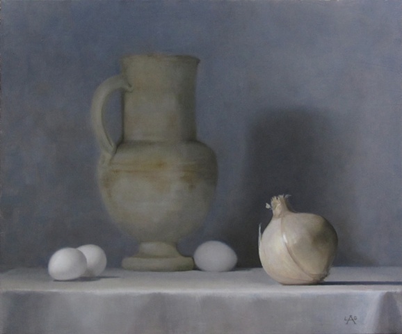 Classical Realist Painting, oil painting, still life of urn eggs and onion by liza g. amir