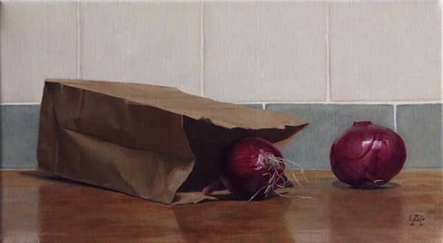 Classical Realist Painting, oil painting, onions paper bag by Liza G. Amir