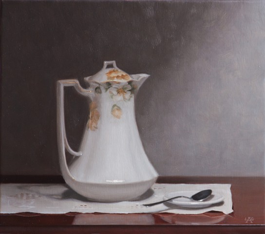 Classical Realist Painting, oil painting, realist still life painting, Cocoa Pot by Liza G. Amir