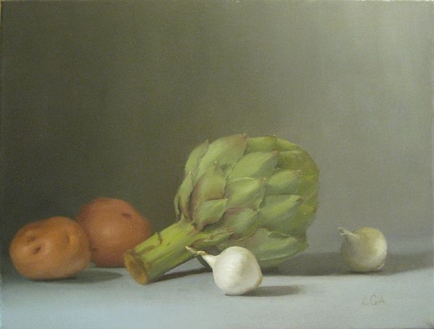 Classical Realist Painting, oil painting, still life of artichoke red potatoes and onions by Liza G. Amir