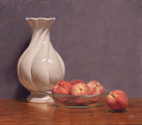 Classical Realist Painting, oil painting, still life vase peaches Liza G. Amir