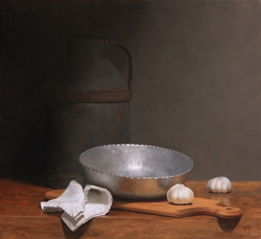 Classical Realist Painting, oil painting, realist still life painting, Pewter Bowl with Milk Can by Liza G. Amir