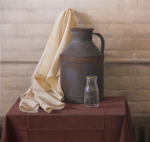 Classical Realist Painting, oil painting, realist still life painting, Milk Can and Bottle by Liza G. Amir