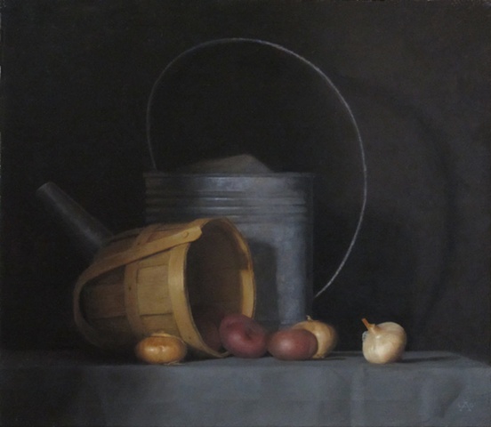 Classical Realist Painting, oil painting, still life of red potatos cippolini onions basket and watering can by Liza G. Amir