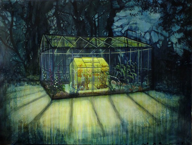 A greenhouse at night, lit with a collection of poisonous plants, caged in a house within a cage. 