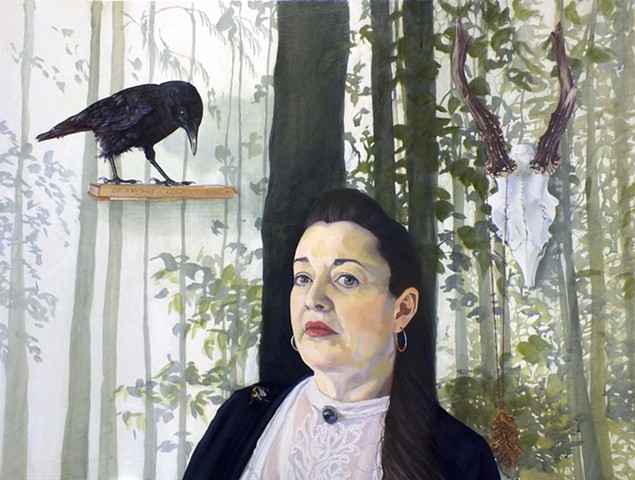 Self Portrait with crow, bee, leaf and skull