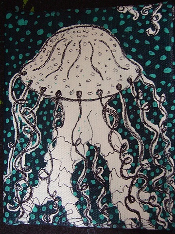 jellyfish floating through a pattern of messy dots