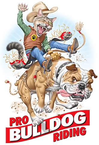  painting of cat riding a bulldog, bull riding, Phill Flanders art,humorous illustration