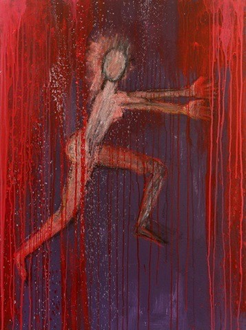 running figure acrylic, oil stick and sand