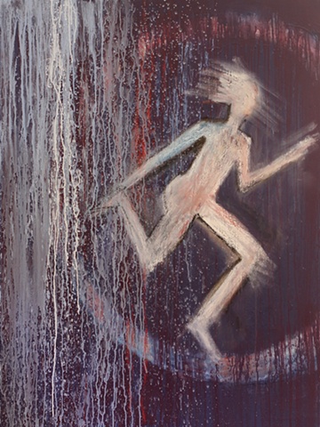 Acrylic, oil stick and sand running figure