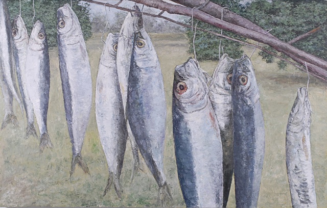 SARDINE FISH HANGING IN A TREE OIL PAINTING ON CANVAS