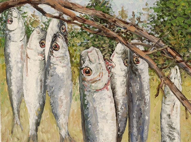 SARDINE FISH HANGING IN A TREE OIL PAINTING ON CANVAS