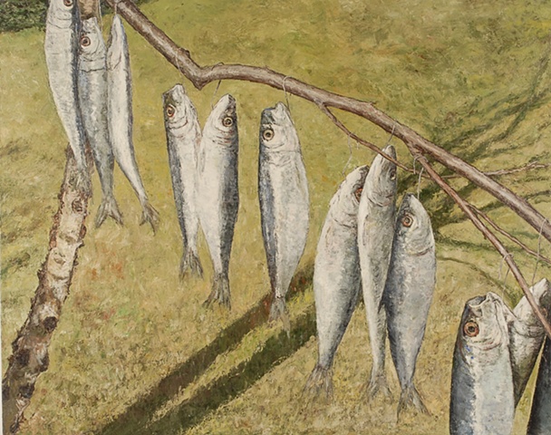 SARDINE FISH HANGING IN A TREE OIL PAINTING ON CANVAS