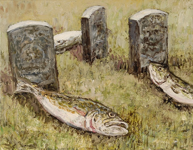 FISH WITH TOMBSTONE OIL PAINTING ON CANVAS