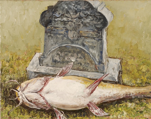 CATFISH WITH HEADSTONE OIL PAINTING ON CANVAS