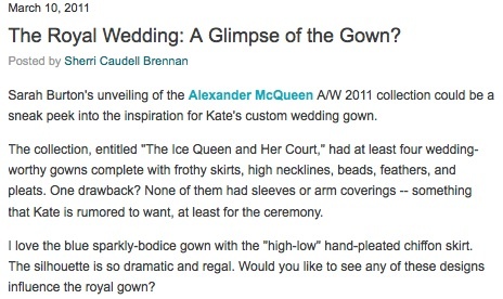 The Bride's Guide Blog:
Martha Stewart Weddings 
Alexander McQueen
March 2011

