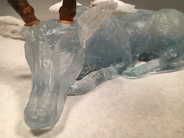 Cast glass deer or dog with quail wings inspired by dreams and memories