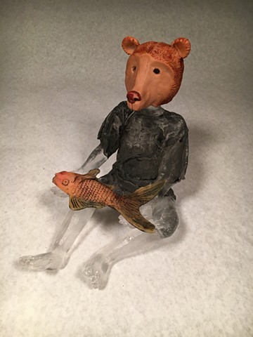 cast glass person, bear, fish, inspired by dreams and memories of childhood illness