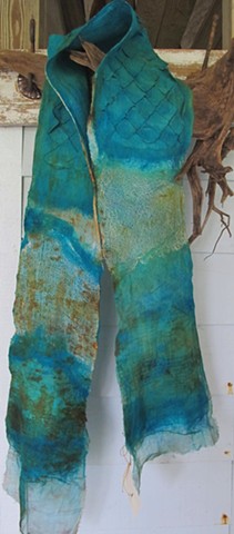 Silk and Wool Scaled Felt Scarf - Caribbean Blue and Rust